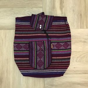 Mexican poncho style backpack.